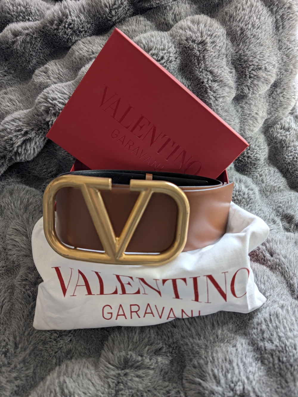 Valentino Garavani Tan Leather VLogo Belt with Gold Buckle